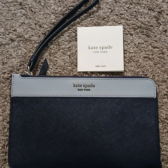 💙 Kate Spade New York Colorblock Saffiano Leather Wristlet Navy Light Blue - Picture 7 of 7